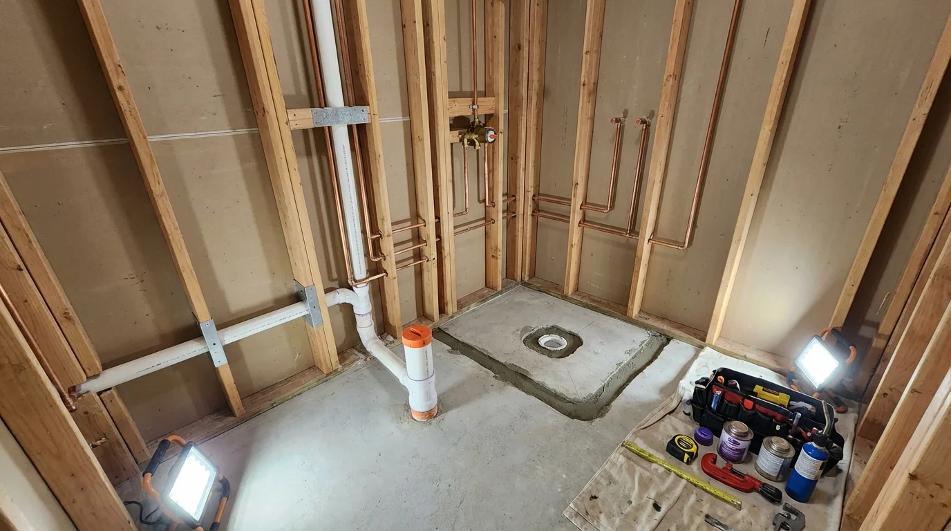 Bathroom rough-in plumbing during remodel by Johns Plumbing LLC in Farwell