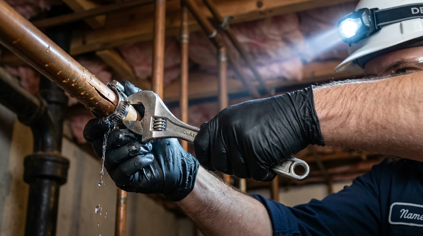 Emergency pipe clamp repair being performed by a Johns Plumbing LLC plumber in Farwell