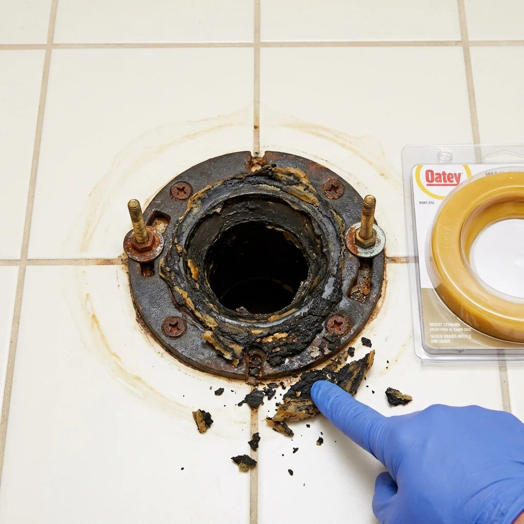 Failed wax ring showing water seepage at the base of a toilet in a Farwell, TX home