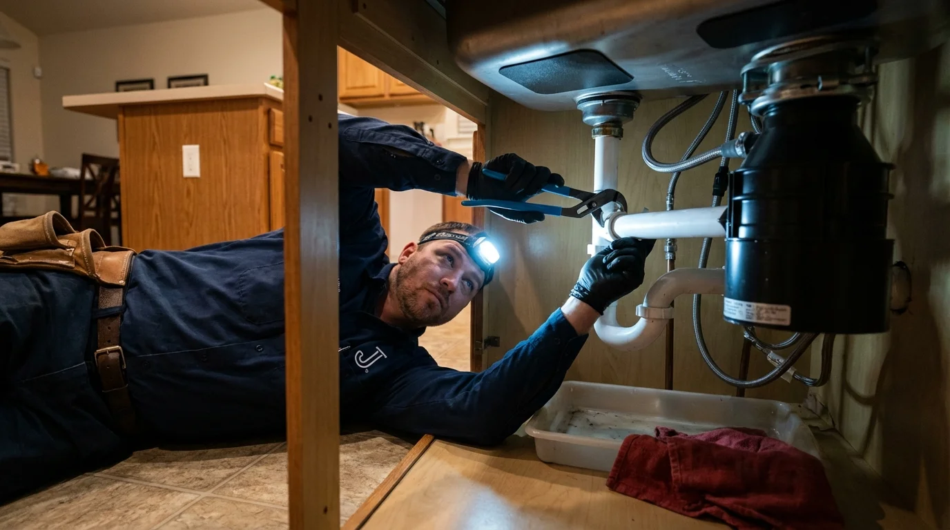 P-trap and supply line connections under a kitchen sink showing a common leak point in Farwell, TX
